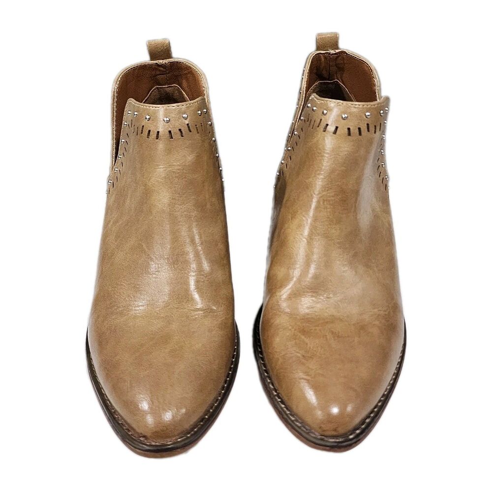 Madden Womens Studded Ankle Boots Size 6.5M Beige Slip On Almond Toe Western